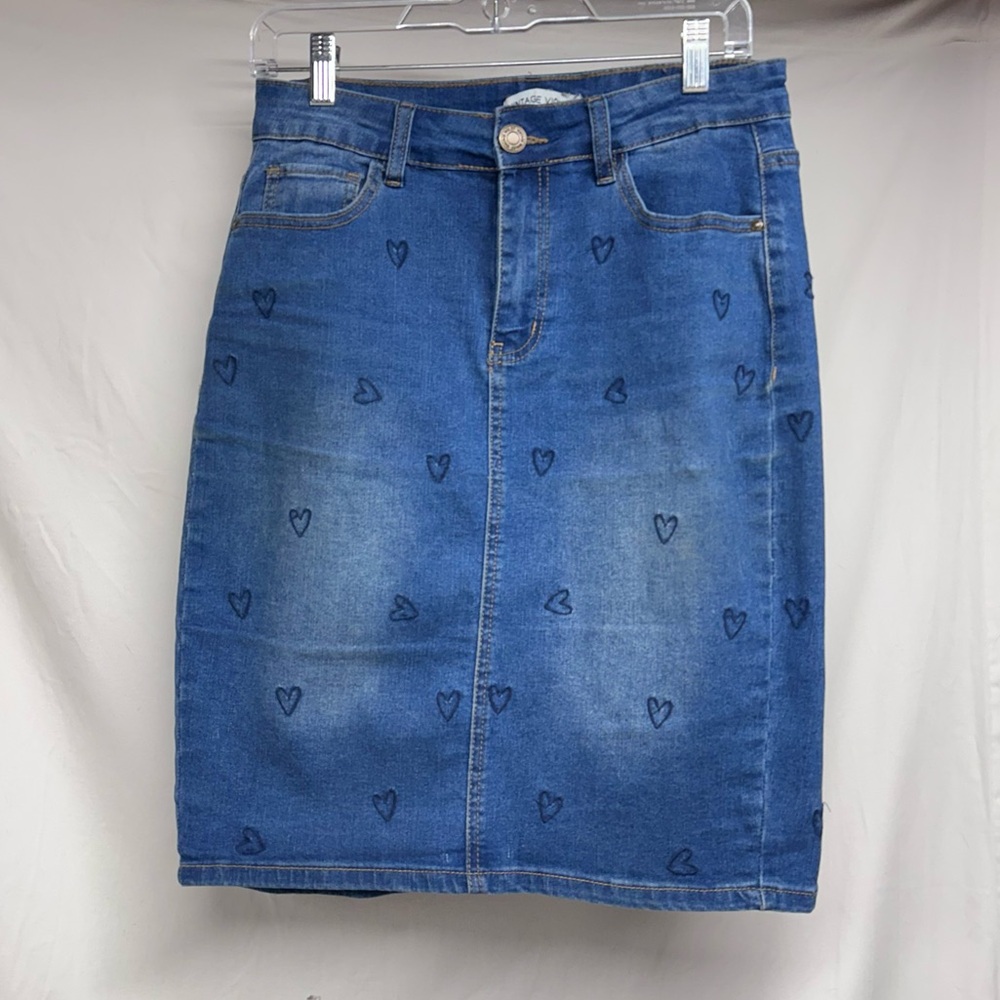 Women’s Blue Denim Midi Skirt with Heart Print
